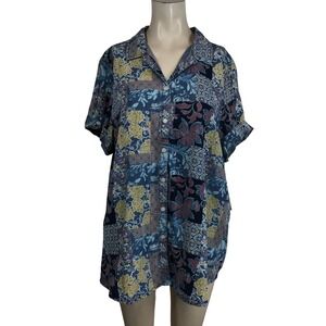 Caffe Marrakesh Women 1X Blue Patchwork Floral Short Sleeve Button Down Shirt